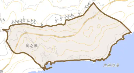川之浜とその周辺の地図。町の範囲を重ねている