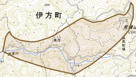 高茂とその周辺の地図。町の範囲を重ねている