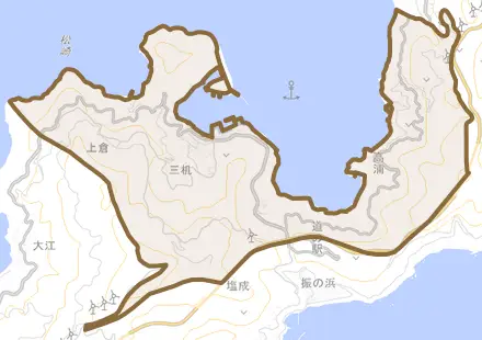 三机とその周辺の地図。町の範囲を重ねている