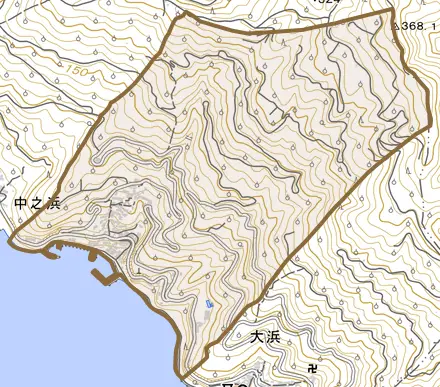 中之浜とその周辺の地図。町の範囲を重ねている