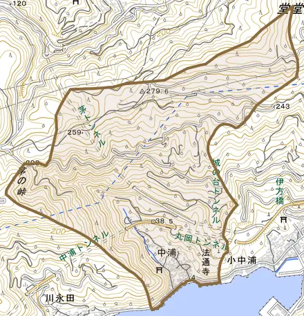 中浦とその周辺の地図。町の範囲を重ねている