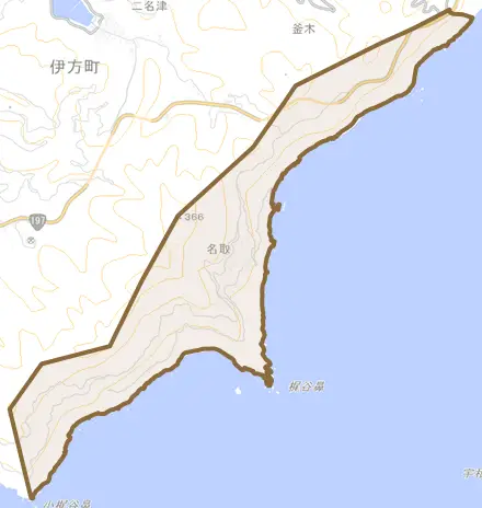 名取とその周辺の地図。町の範囲を重ねている