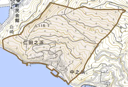 仁田之浜とその周辺の地図。町の範囲を重ねている