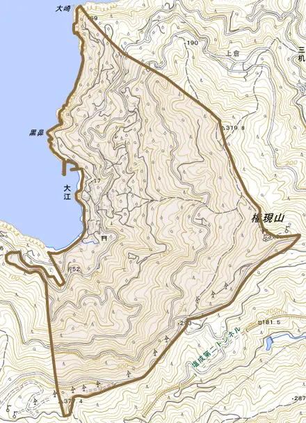 大江とその周辺の地図。町の範囲を重ねている