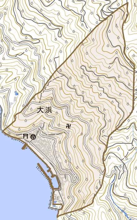 大浜とその周辺の地図。町の範囲を重ねている