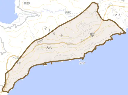大久とその周辺の地図。町の範囲を重ねている