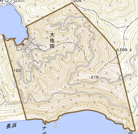 大佐田とその周辺の地図。町の範囲を重ねている