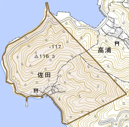 佐田とその周辺の地図。町の範囲を重ねている