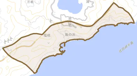 塩成とその周辺の地図。町の範囲を重ねている
