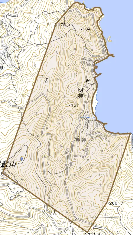 明神とその周辺の地図。町の範囲を重ねている