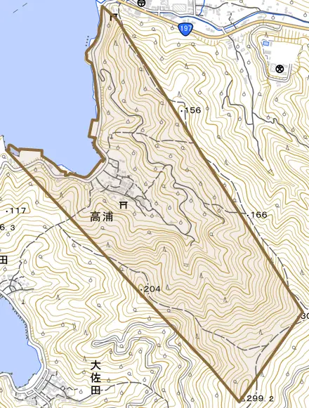 高浦とその周辺の地図。町の範囲を重ねている
