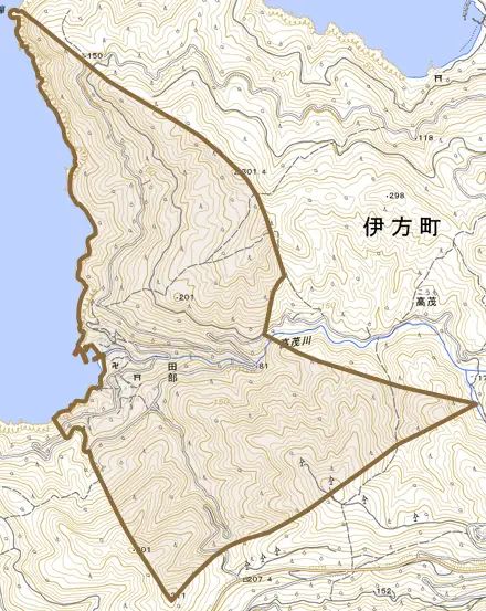 田部とその周辺の地図。町の範囲を重ねている