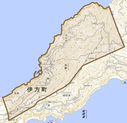 与侈とその周辺の地図。町の範囲を重ねている