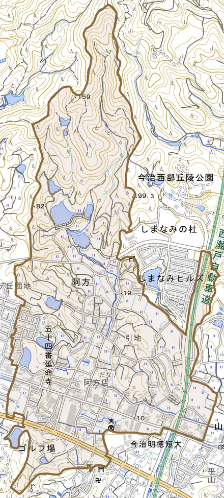 阿方とその周辺の地図。町の範囲を重ねている
