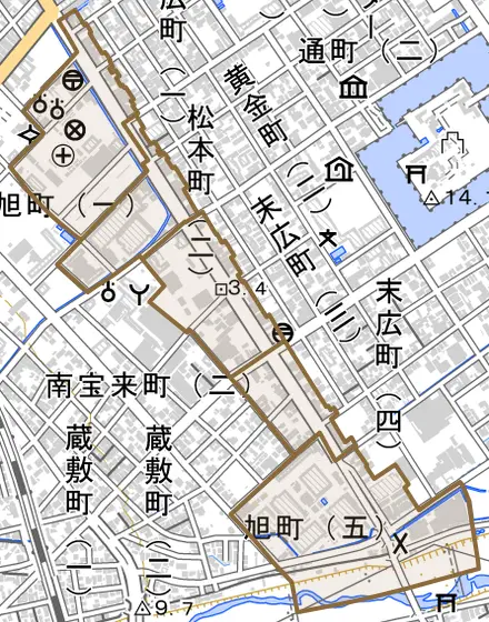 旭町とその周辺の地図。町の範囲を重ねている