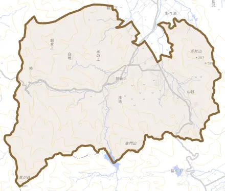 朝倉上とその周辺の地図。町の範囲を重ねている