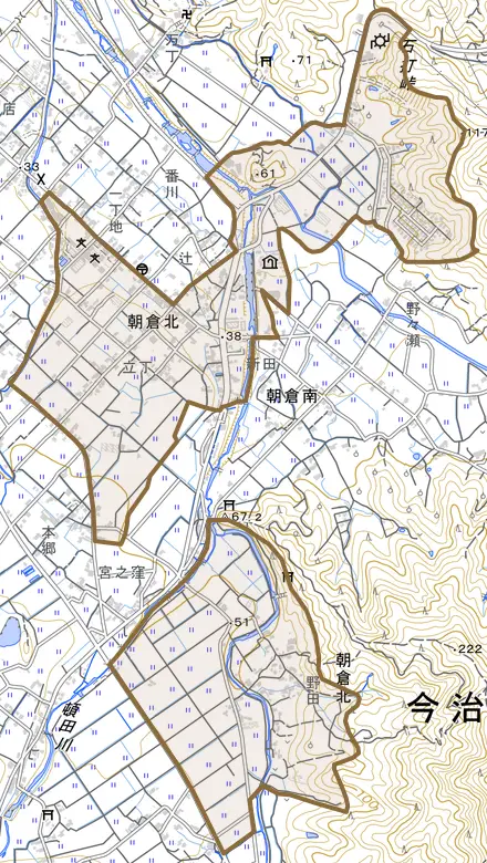朝倉北とその周辺の地図。町の範囲を重ねている