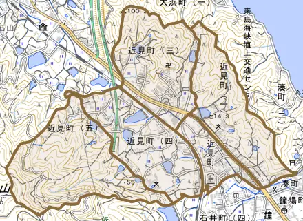 近見町とその周辺の地図。町の範囲を重ねている