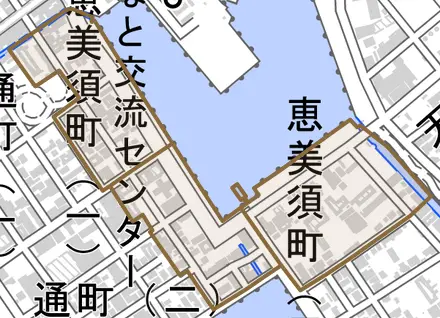 恵美須町とその周辺の地図。町の範囲を重ねている
