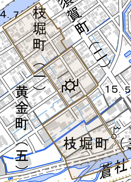 枝堀町とその周辺の地図。町の範囲を重ねている
