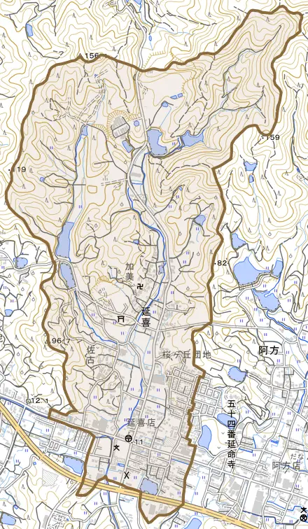 延喜とその周辺の地図。町の範囲を重ねている