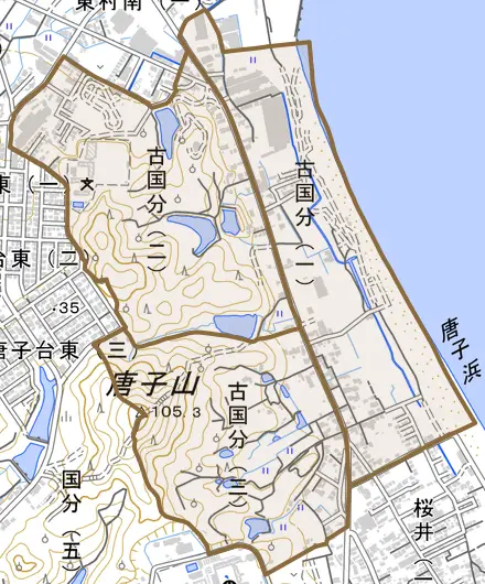 古国分とその周辺の地図。町の範囲を重ねている