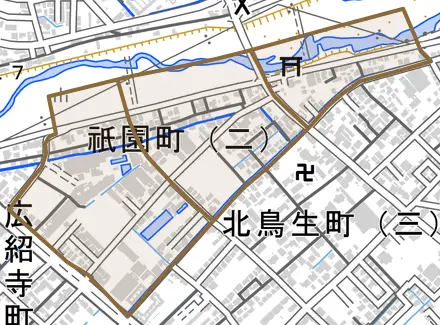 祇園町とその周辺の地図。町の範囲を重ねている