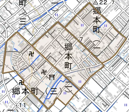 郷本町とその周辺の地図。町の範囲を重ねている