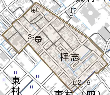 拝志とその周辺の地図。町の範囲を重ねている