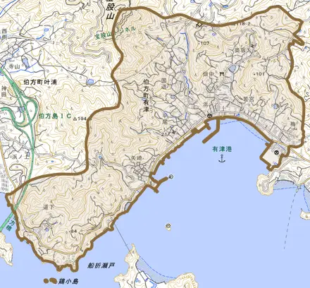 伯方町有津とその周辺の地図。町の範囲を重ねている