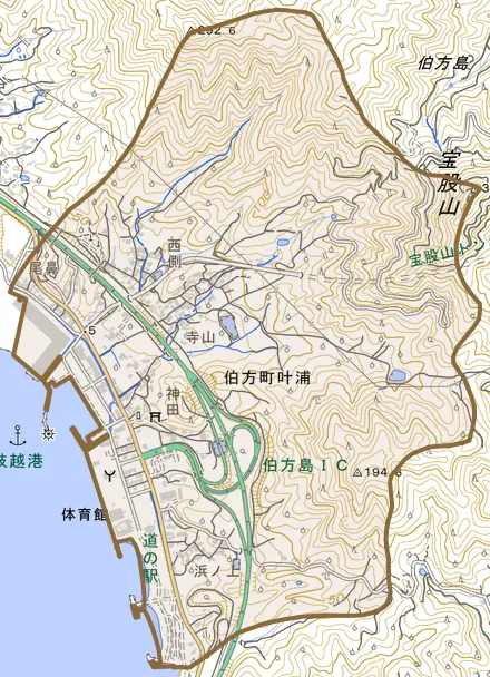 伯方町叶浦とその周辺の地図。町の範囲を重ねている