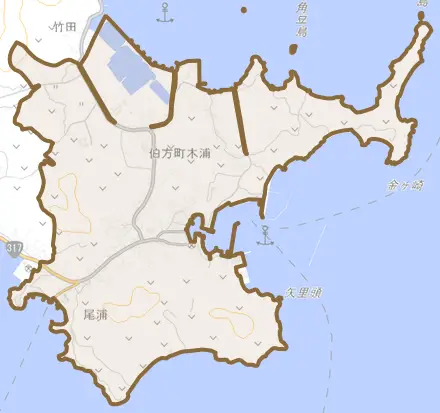 伯方町木浦とその周辺の地図。町の範囲を重ねている