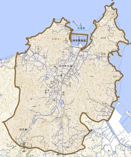 伯方町北浦とその周辺の地図。町の範囲を重ねている