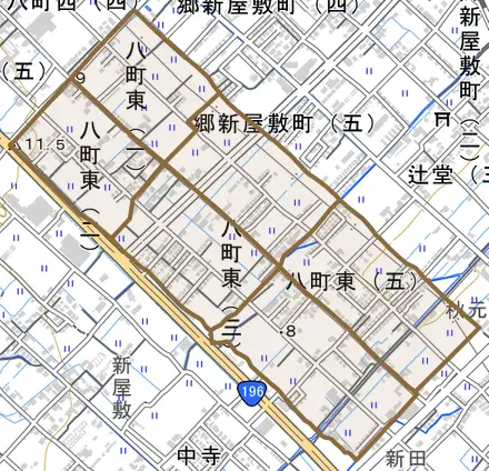 八町東とその周辺の地図。町の範囲を重ねている