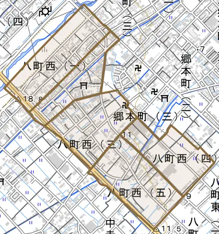 八町西とその周辺の地図。町の範囲を重ねている