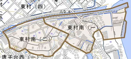東村南とその周辺の地図。町の範囲を重ねている