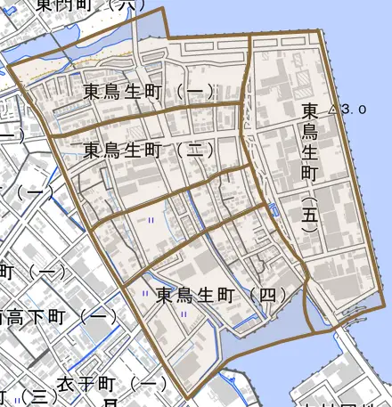 東鳥生町とその周辺の地図。町の範囲を重ねている