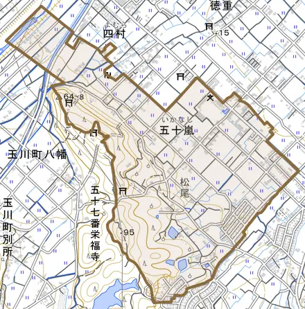 五十嵐とその周辺の地図。町の範囲を重ねている