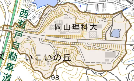いこいの丘とその周辺の地図。町の範囲を重ねている