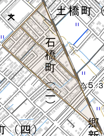 石橋町とその周辺の地図。町の範囲を重ねている