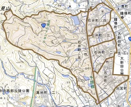 石井町とその周辺の地図。町の範囲を重ねている