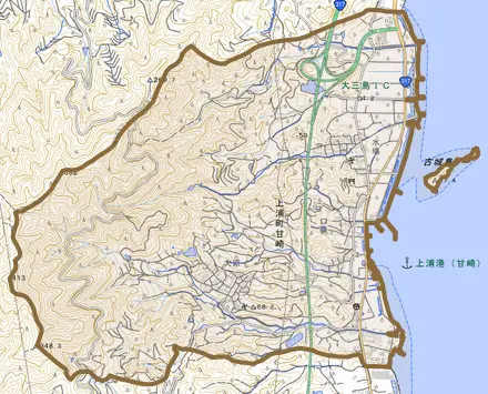 上浦町甘崎とその周辺の地図。町の範囲を重ねている