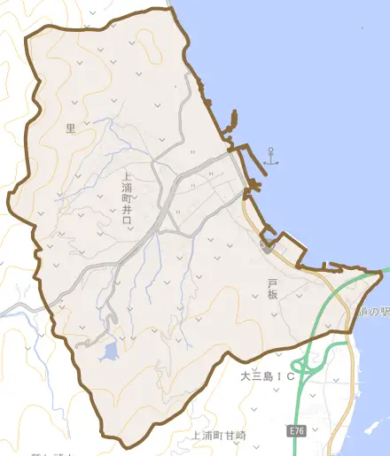 上浦町井口とその周辺の地図。町の範囲を重ねている