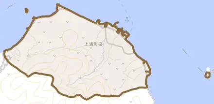 上浦町盛とその周辺の地図。町の範囲を重ねている