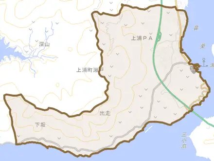 上浦町瀬戸とその周辺の地図。町の範囲を重ねている