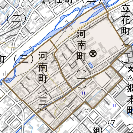 河南町とその周辺の地図。町の範囲を重ねている