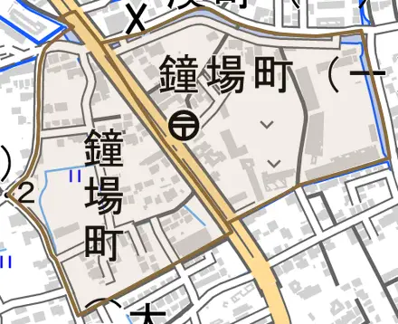 鐘場町とその周辺の地図。町の範囲を重ねている