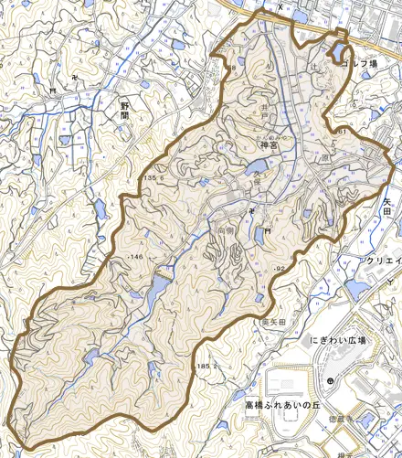 神宮とその周辺の地図。町の範囲を重ねている