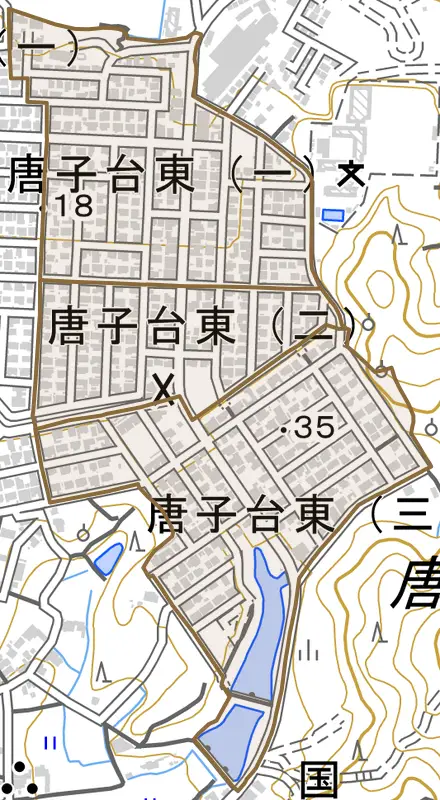 唐子台東とその周辺の地図。町の範囲を重ねている
