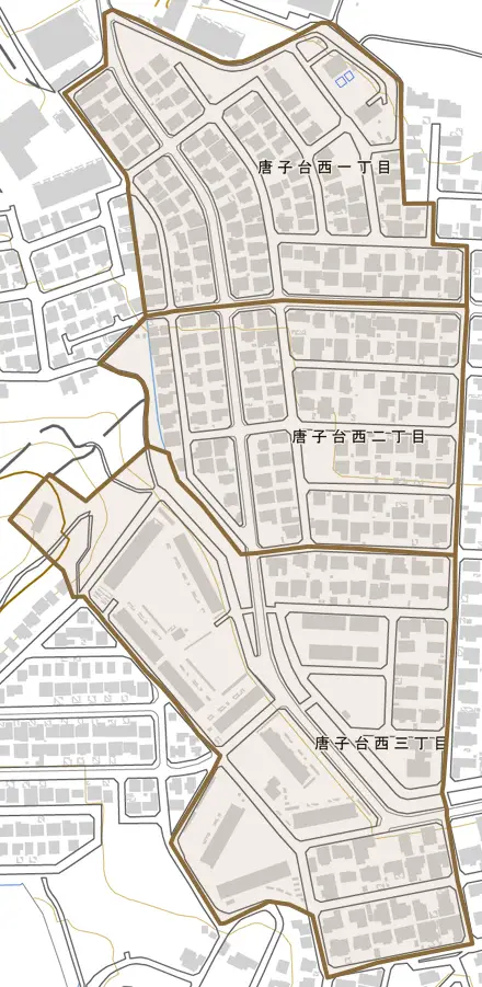 唐子台西とその周辺の地図。町の範囲を重ねている